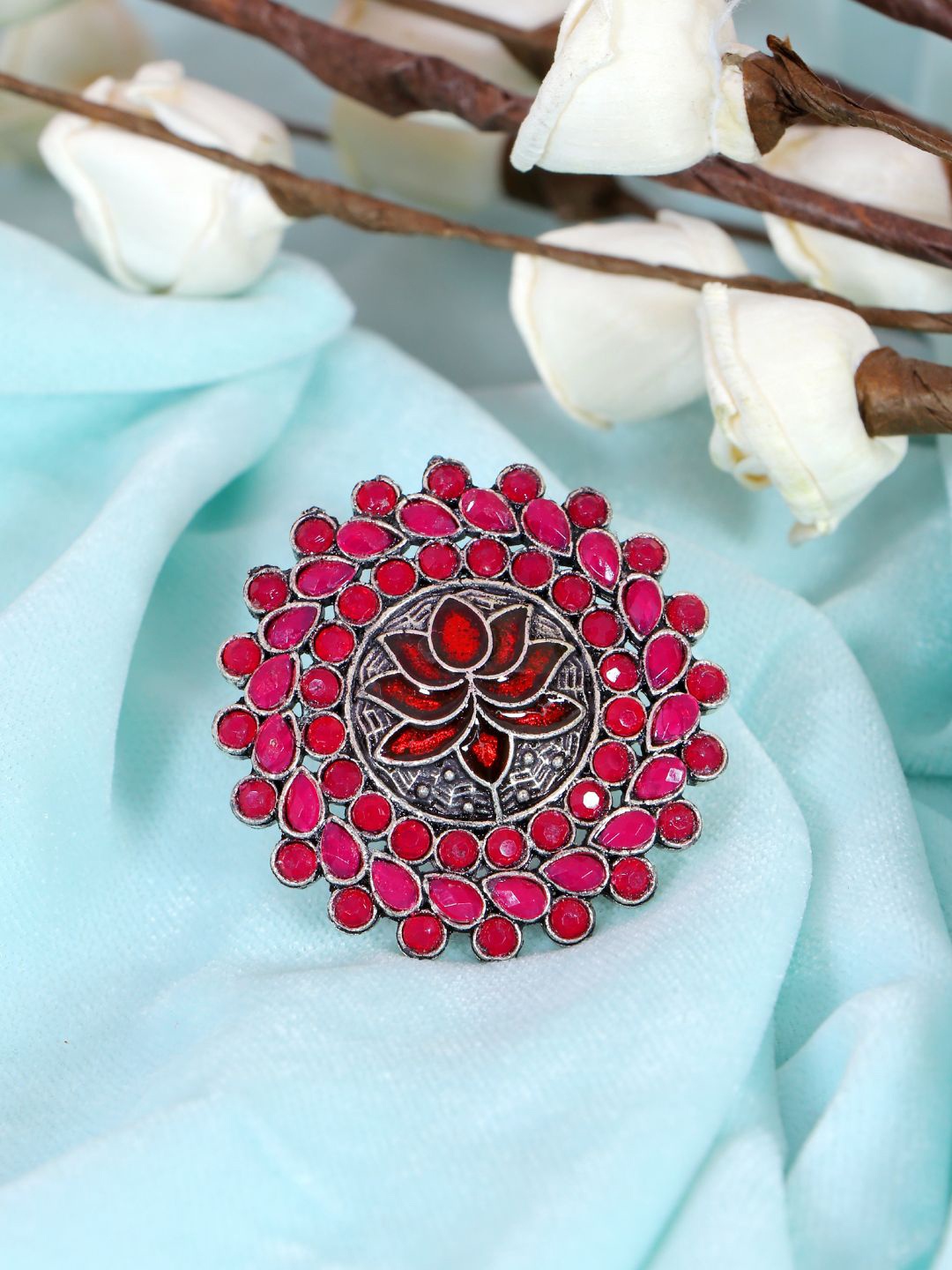 

Crunchy Fashion Silver-Plated & Red Stone Studded Finger Ring