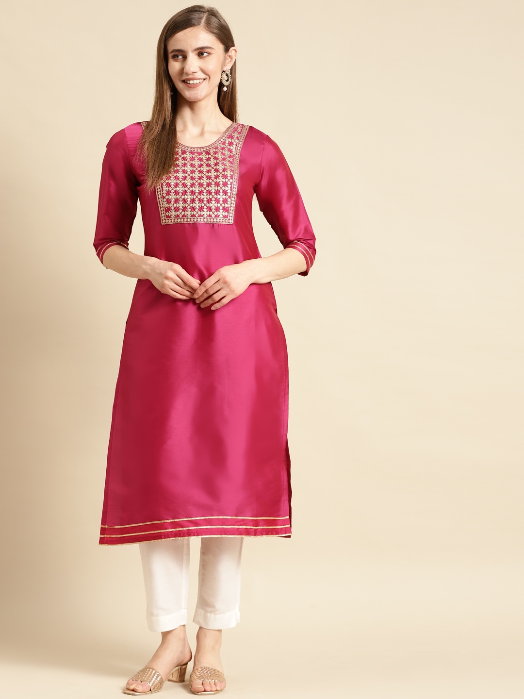 

GERUA Women Pink Yoke Design Mirror Work Kurta
