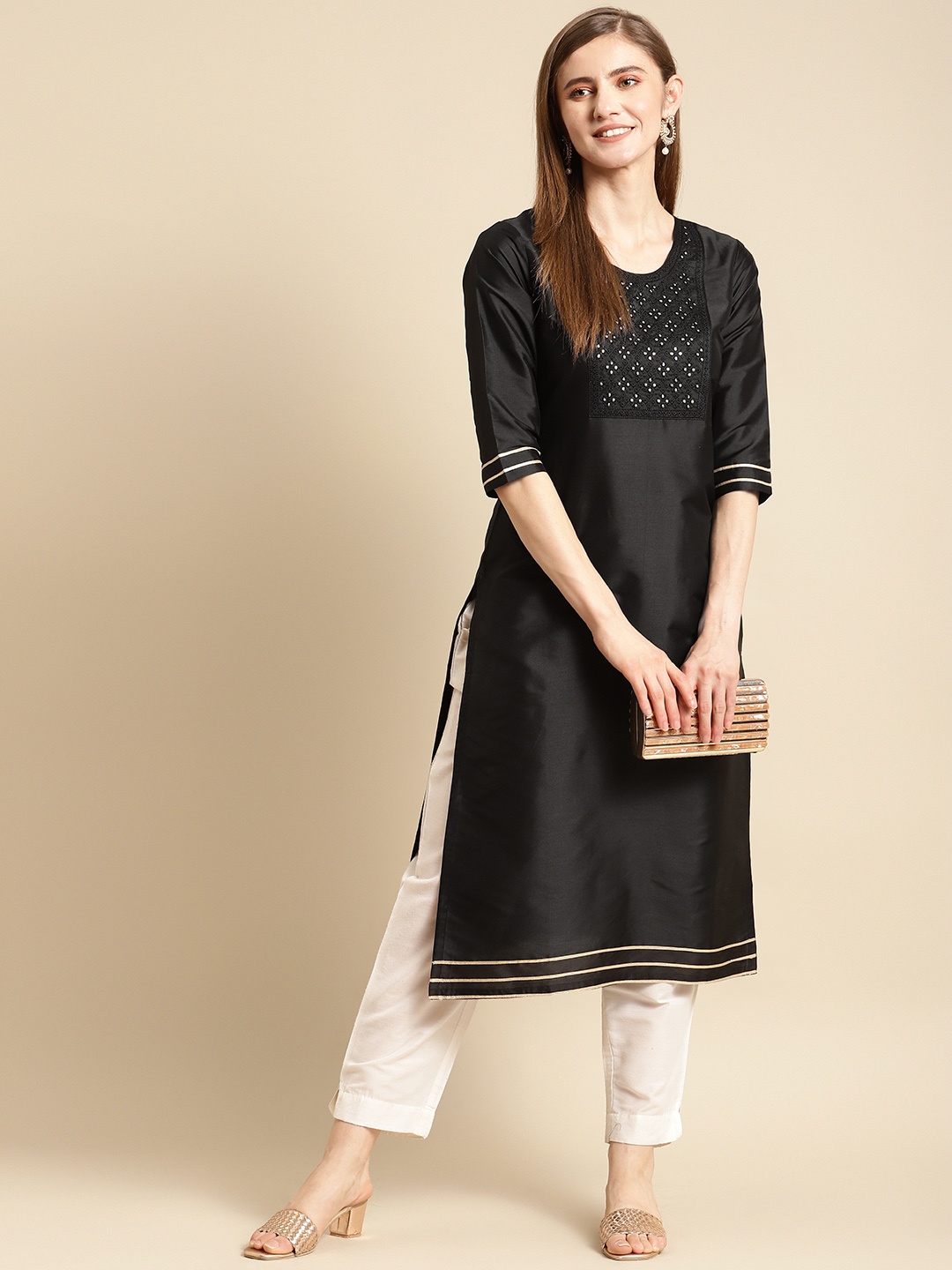 

GERUA Women Black Yoke Design Mirror Work Kurta