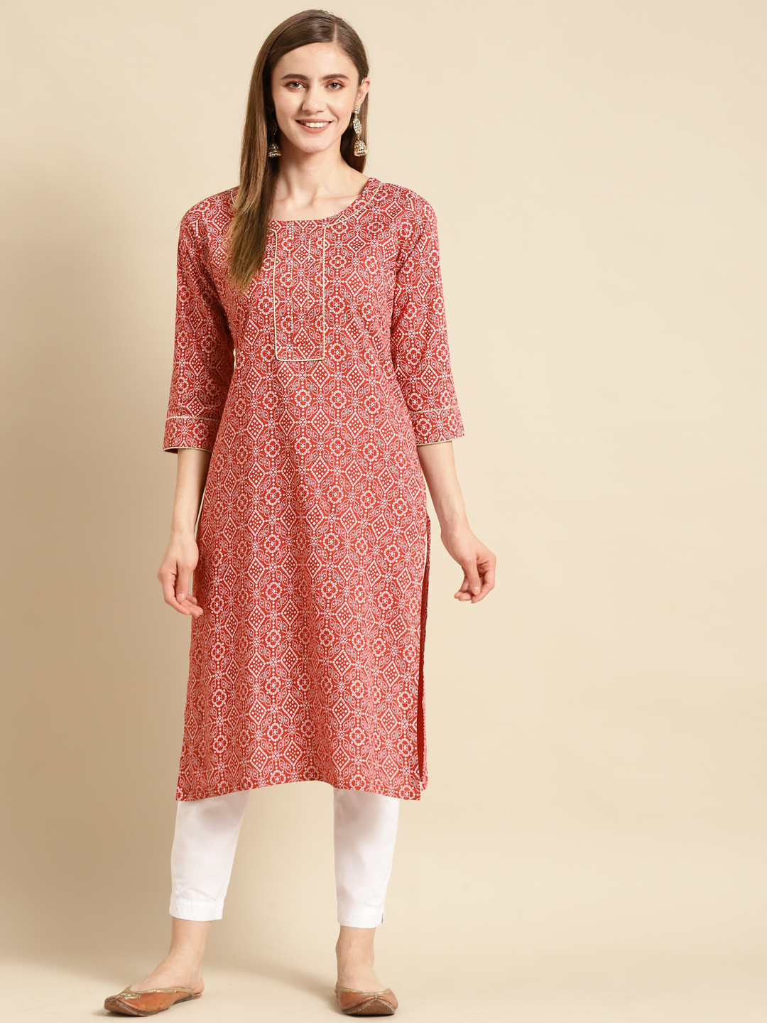 

GERUA Women Rust Red & White Bandhani Printed Gotta Patti Cotton Kurta