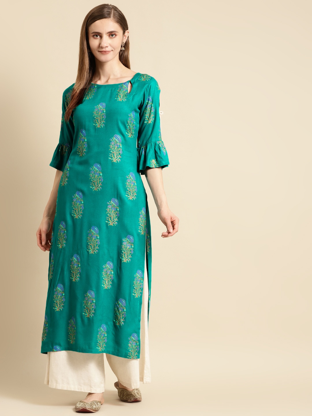 

GERUA Women Turquoise Blue Floral Printed Bell Sleeves Kurta