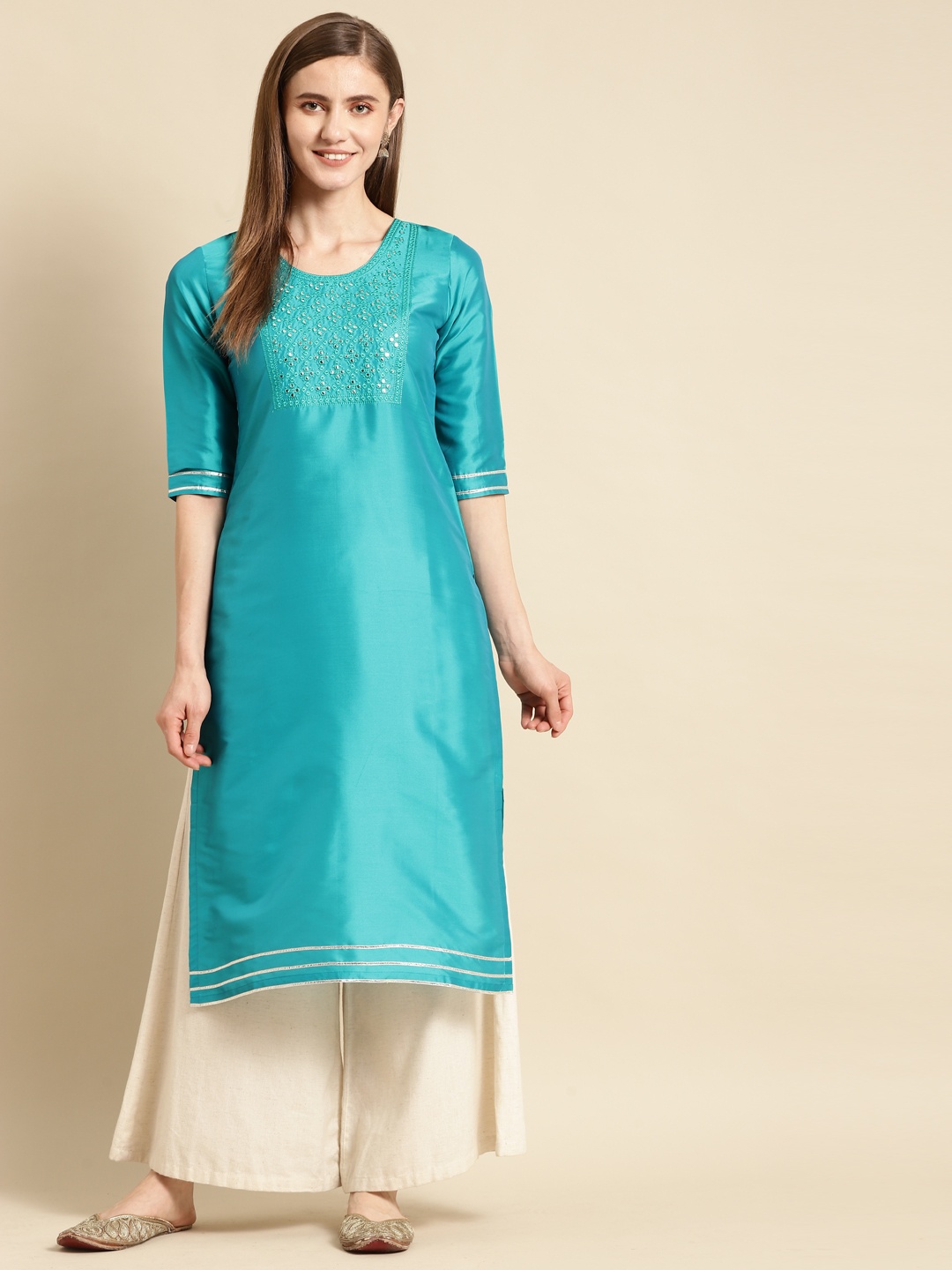 

GERUA Women Turquoise Blue Yoke Design Mirror Work Kurta