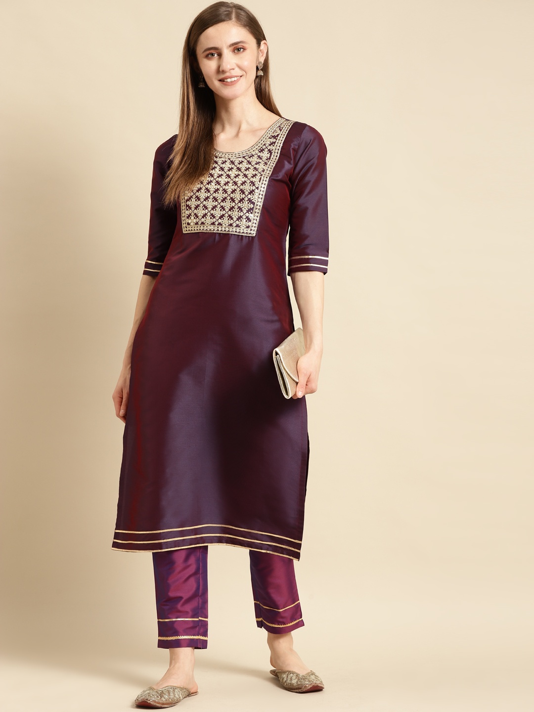 

GERUA Women Purple Yoke Design Mirror Work Kurta