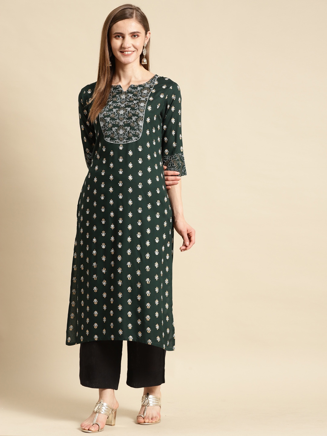 

GERUA Women Green & Grey Ethnic Motifs Yoke Design Kurta
