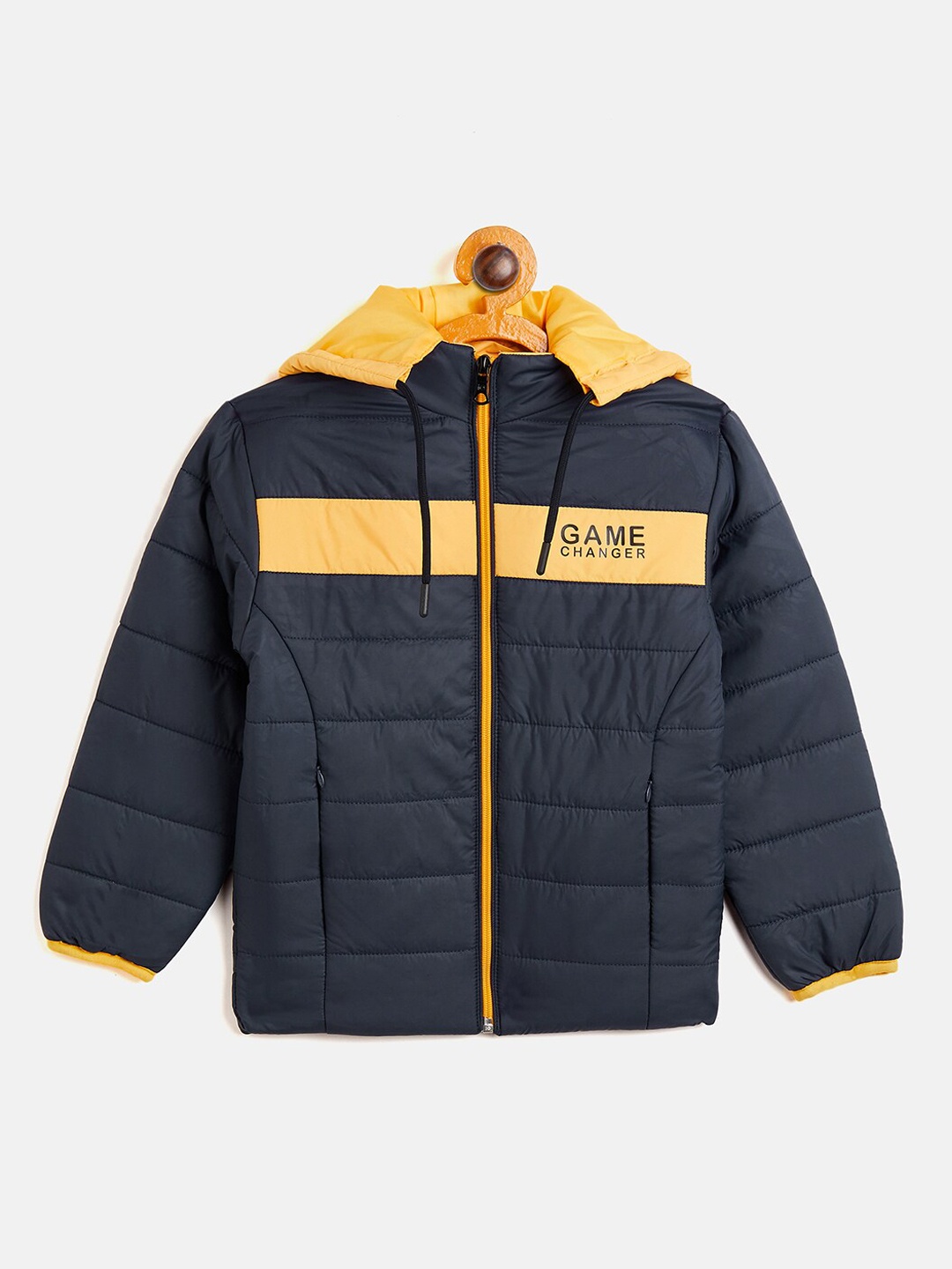

Camey Boys Navy Blue and Yellow Lightweight Quilted Hooded Jacket