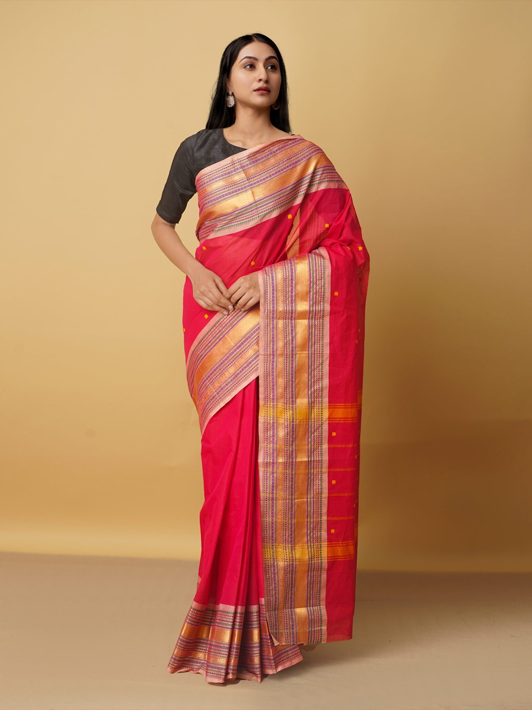 

Unnati Silks Pink & Yellow Woven Design Zari Pure Cotton Kanjeevaram Saree