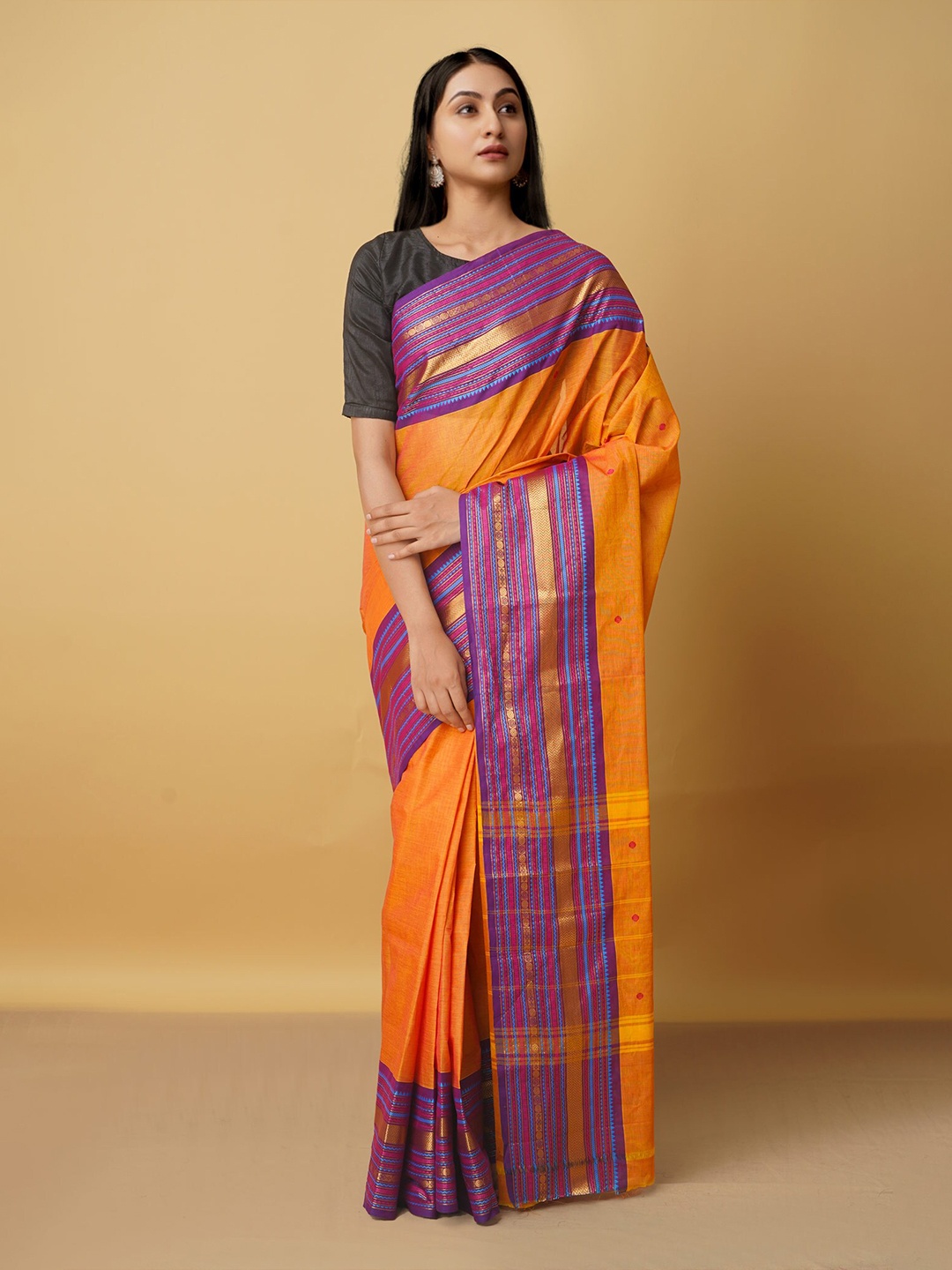 

Unnati Silks Orange & Purple Ethnic Motifs Zari Pure Cotton Kanjeevaram Saree