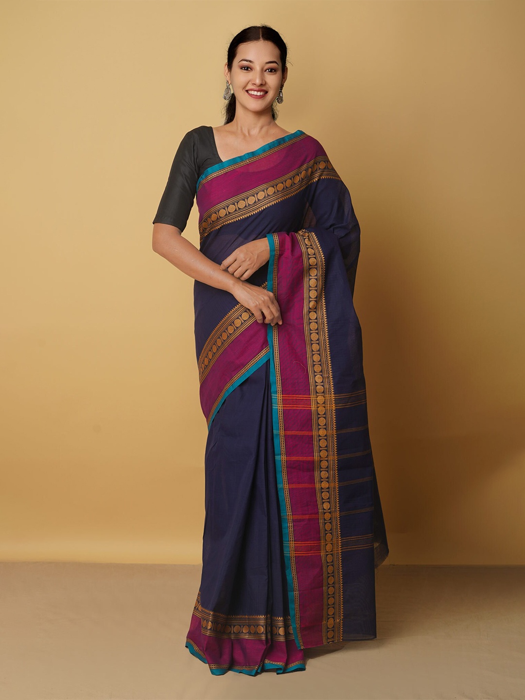 

Unnati Silks Navy Blue & Purple Woven Design Pure Cotton Kanjeevaram Saree