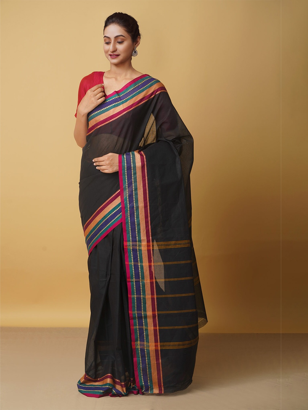 

Unnati Silks Black & Red Striped Zari Pure Cotton Kanjeevaram Saree