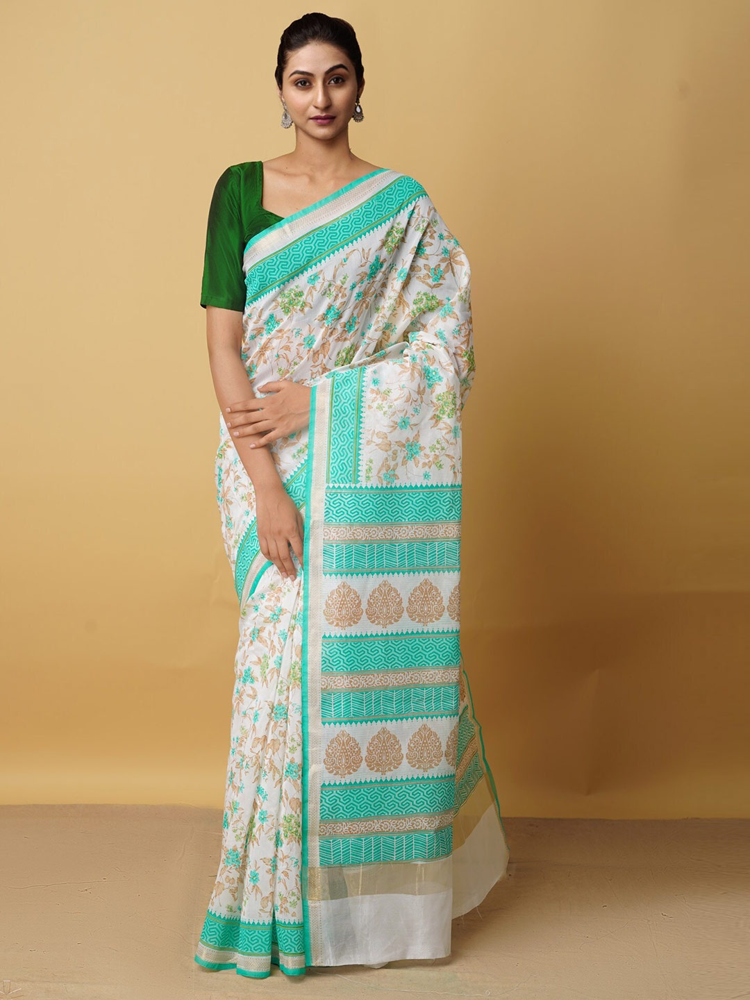 

Unnati Silks Cream-Coloured & Sea Green Ethnic Motifs Silk Cotton Baluchari Saree