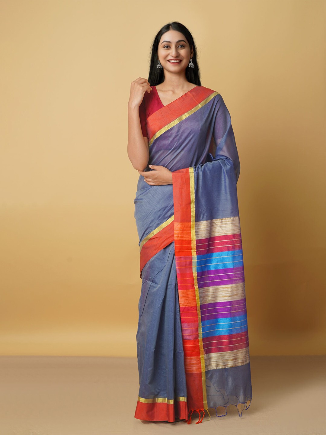

Unnati Silks Blue & Red Woven Design Zari Silk Cotton Chanderi Saree