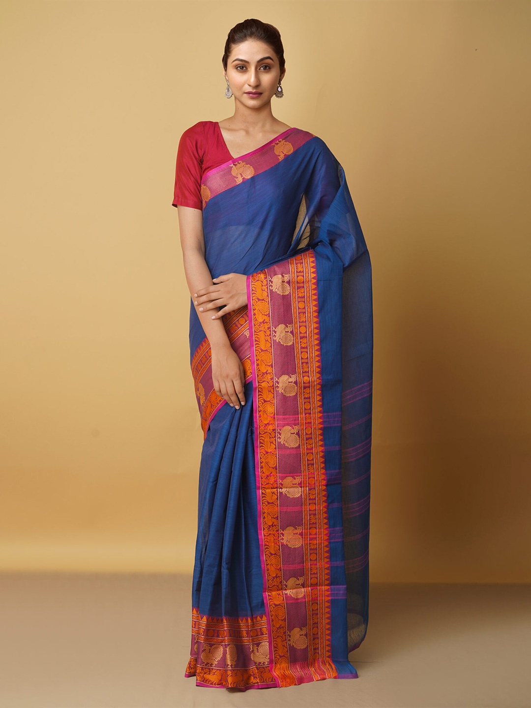 

Unnati Silks Blue & Gold-Toned Zari Pure Cotton Kanjeevaram Saree