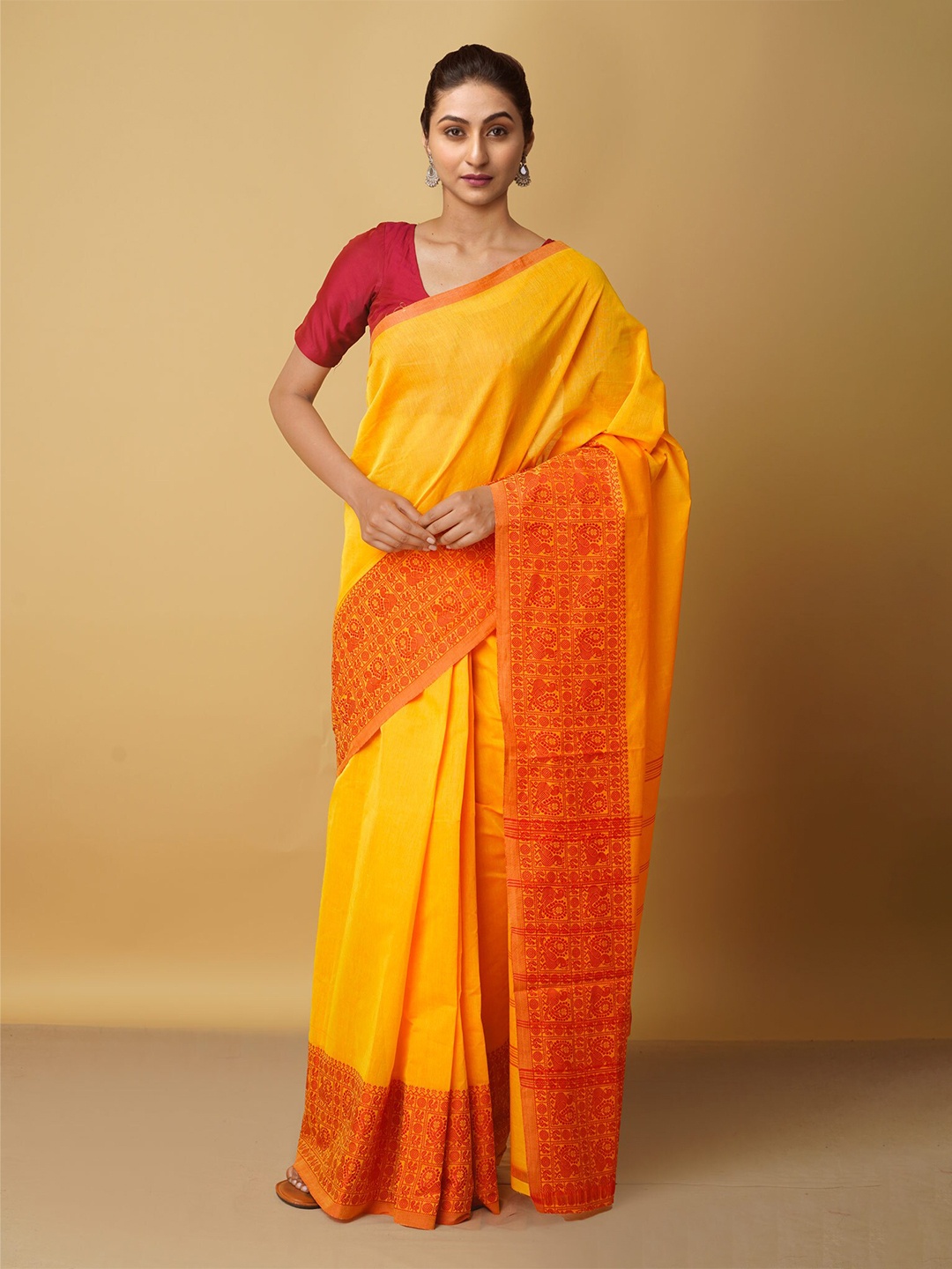 

Unnati Silks Orange & Yellow Zari Pure Cotton Kanjeevaram Saree