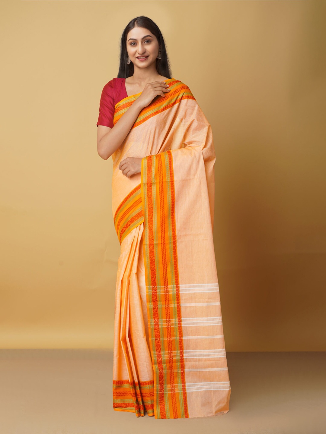 

Unnati Silks Orange & Yellow Pure Cotton Handloom Kanjeevaram Saree