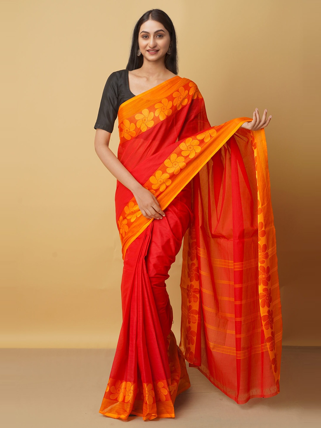 

Unnati Silks Red & Yellow Zari Pure Cotton Kanjeevaram Saree