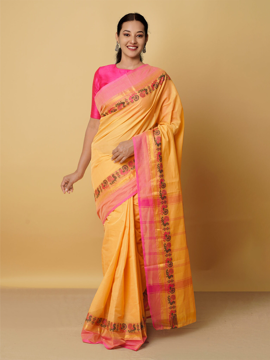 

Unnati Silks Orange & Pink Zari Pure Cotton Kanjeevaram Saree