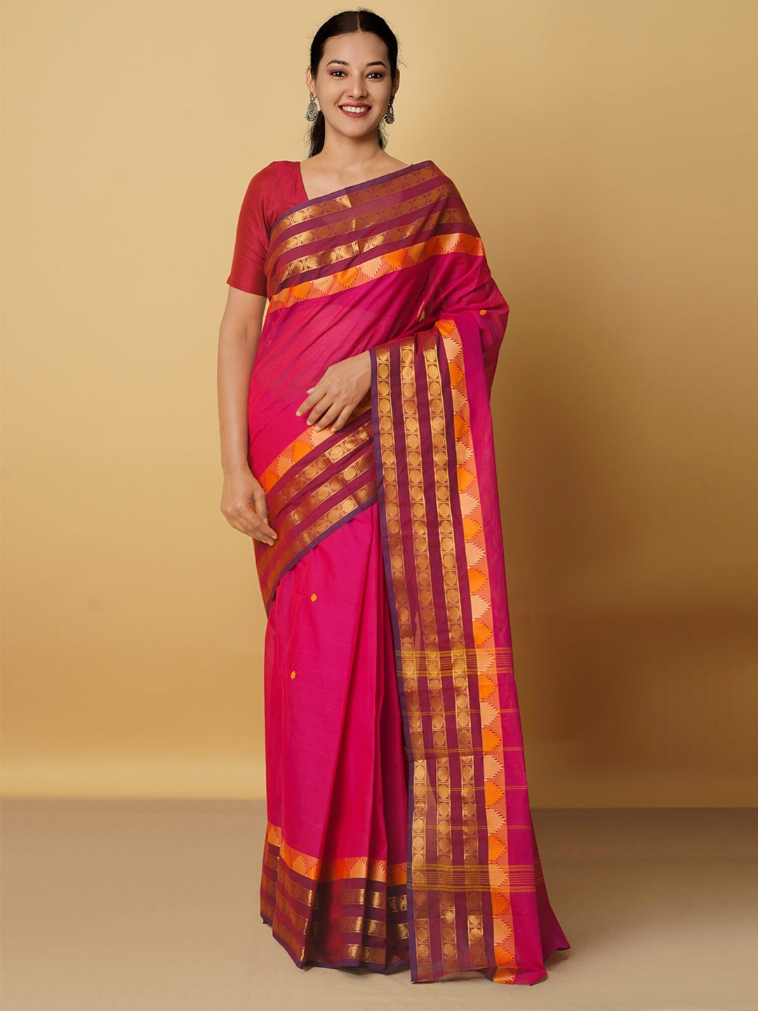 

Unnati Silks Pink & Orange Ethnic Motifs Zari Pure Cotton Kanjeevaram Saree