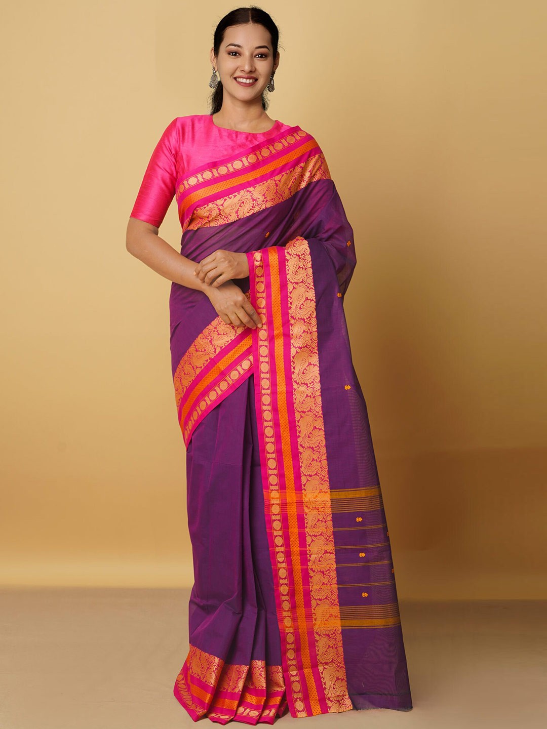 

Unnati Silks Purple & Pink Woven Design Zari Pure Cotton Saree