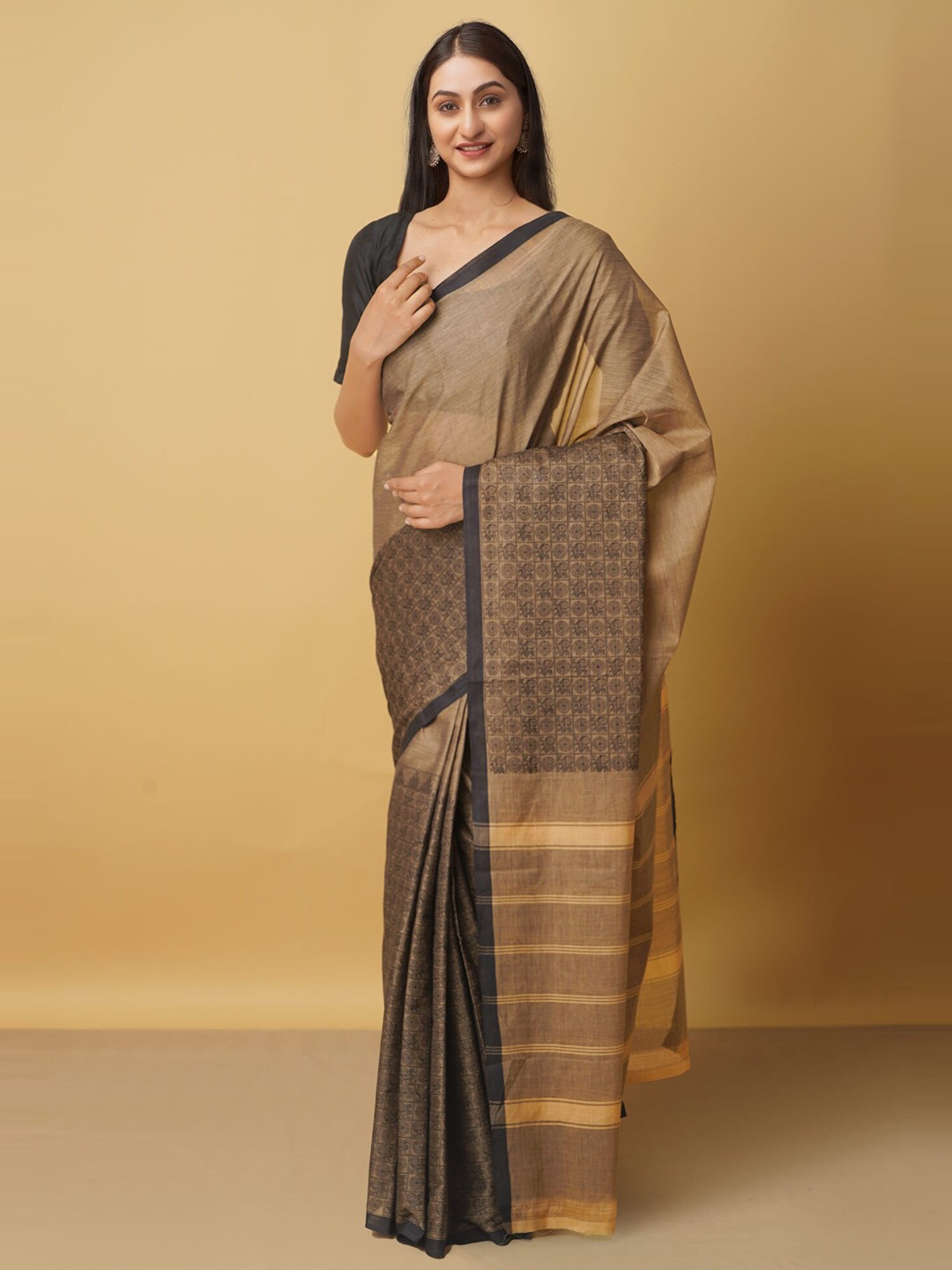 

Unnati Silks Brown & Black Woven Design Pure Cotton Kanjeevaram Saree