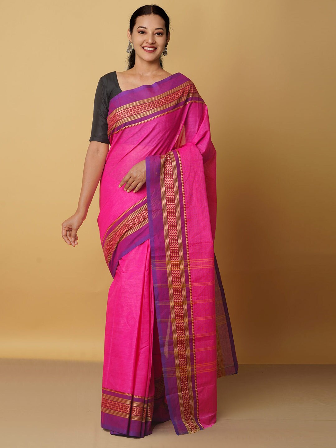 

Unnati Silks Pink & Purple Zari Pure Cotton Kanjeevaram Saree