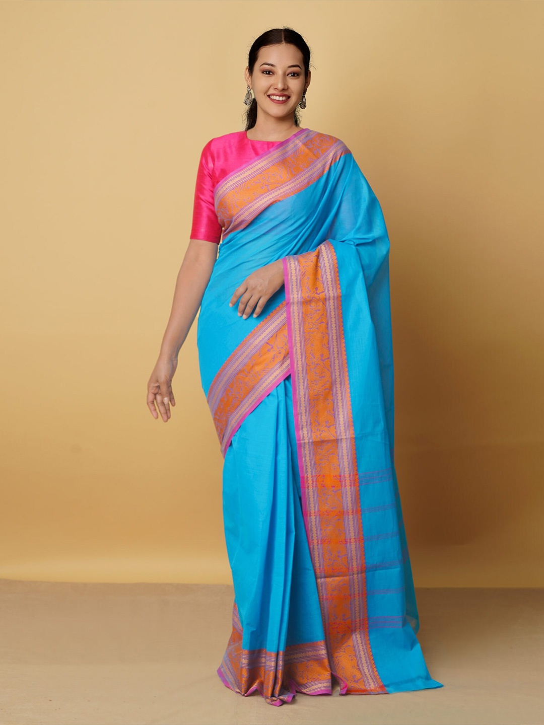 

Unnati Silks Blue & Orange Pure Cotton Kanjeevaram Saree