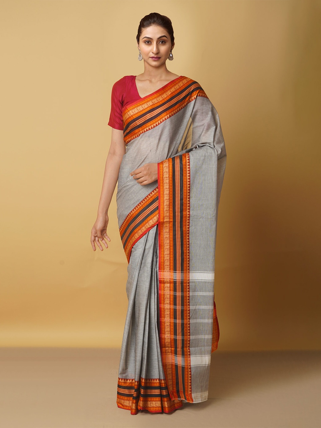 

Unnati Silks Grey & Orange Woven Design Pure Cotton Kanjeevaram Saree