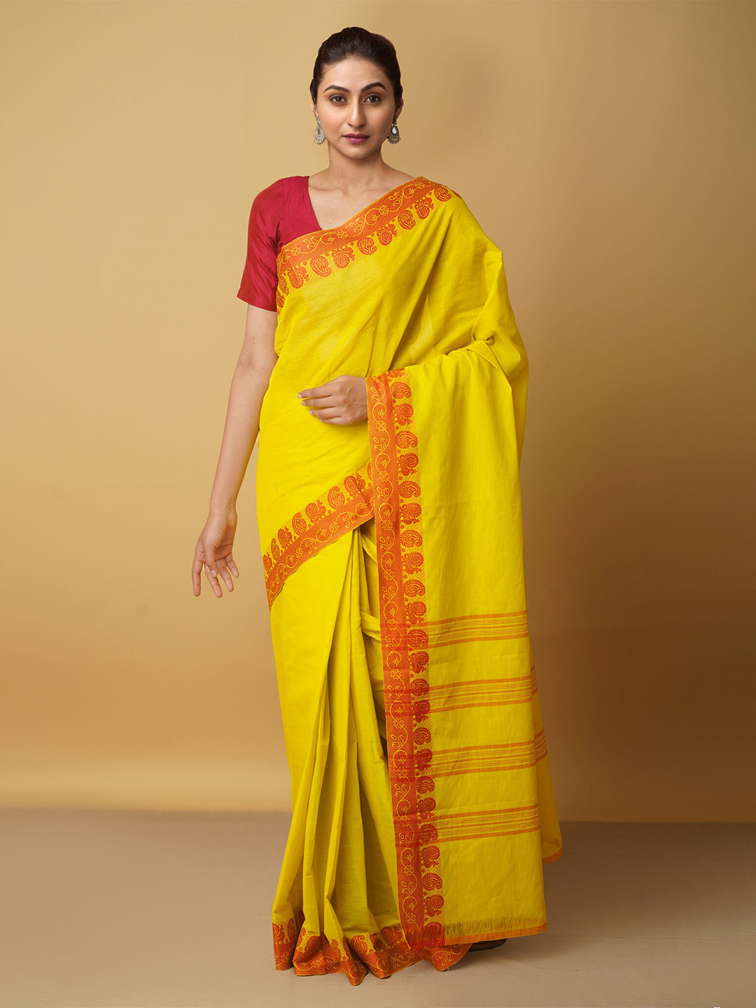 

Unnati Silks Yellow & Red Pure Cotton Kanjeevaram Saree