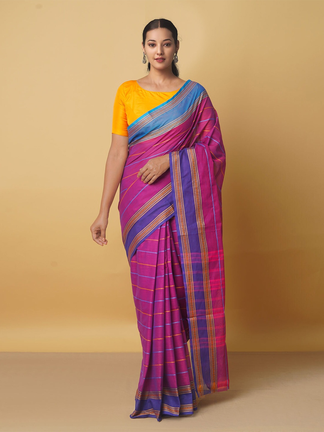 

Unnati Silks Purple & Blue Woven Design Pure Cotton Kanjeevaram Saree