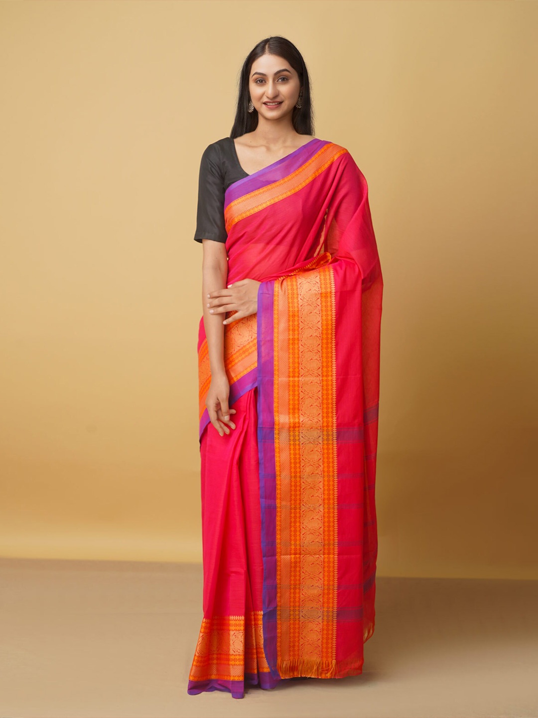 

Unnati Silks Pink & Gold-Toned Zari Pure Cotton Kanjeevaram Saree