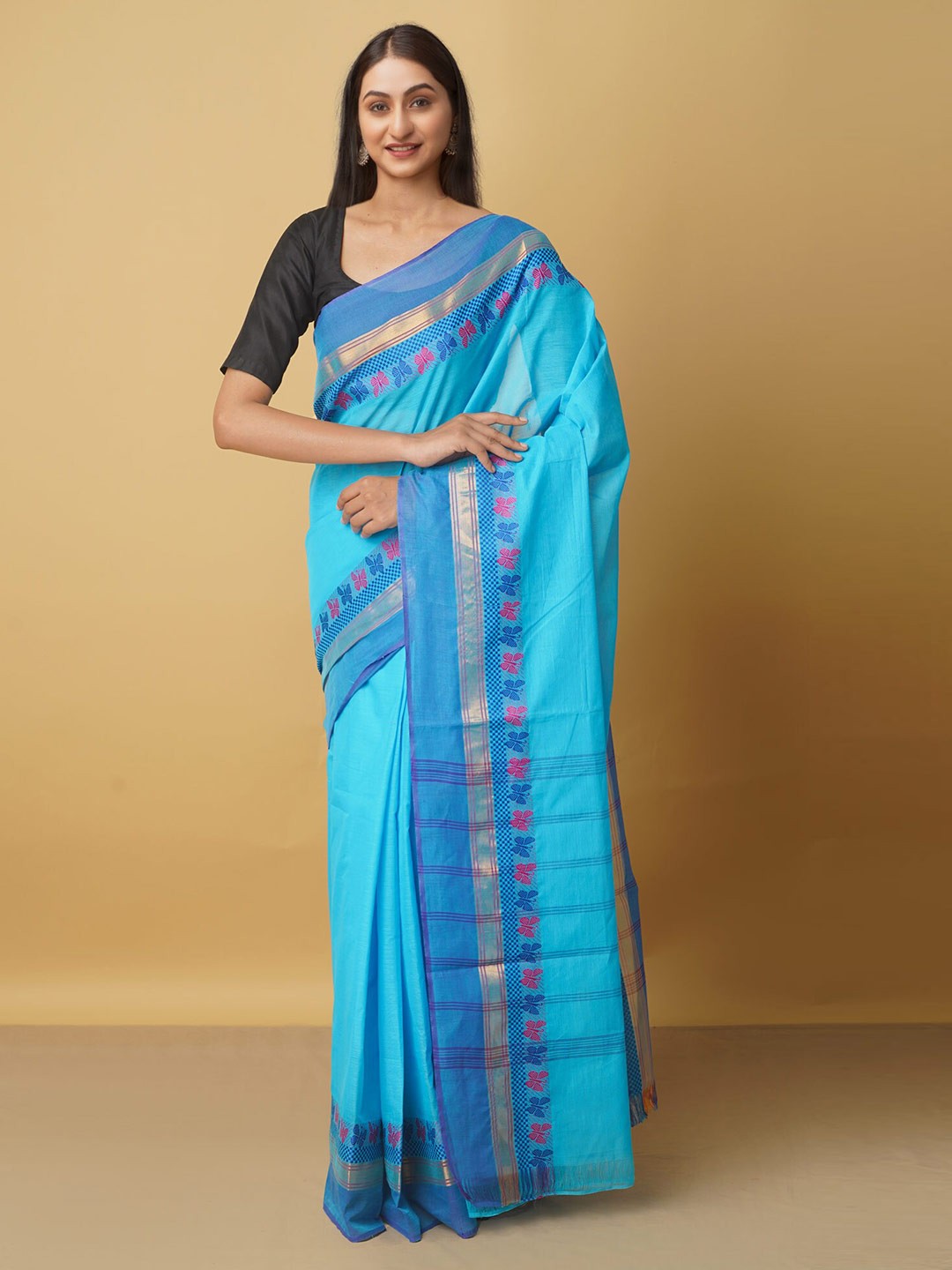 

Unnati Silks Blue & Pink Pure Cotton Handloom Kanjeevaram Saree