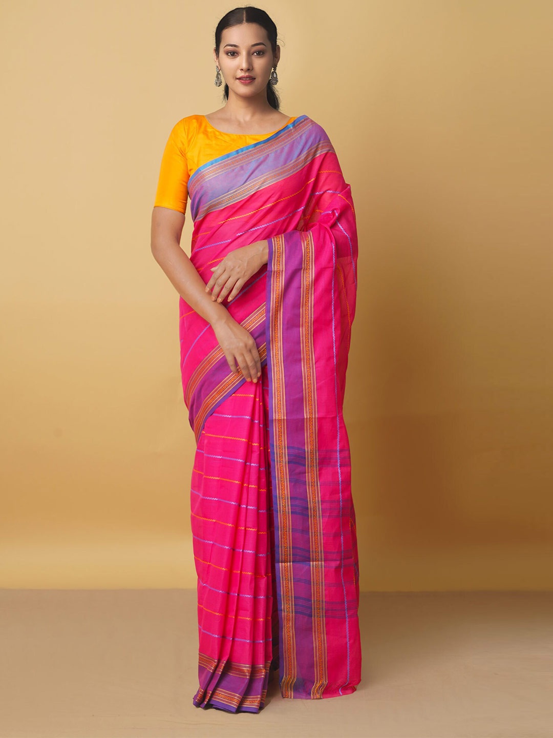 

Unnati Silks Pink & Purple Woven Design Zari Pure Cotton Kanjeevaram Saree