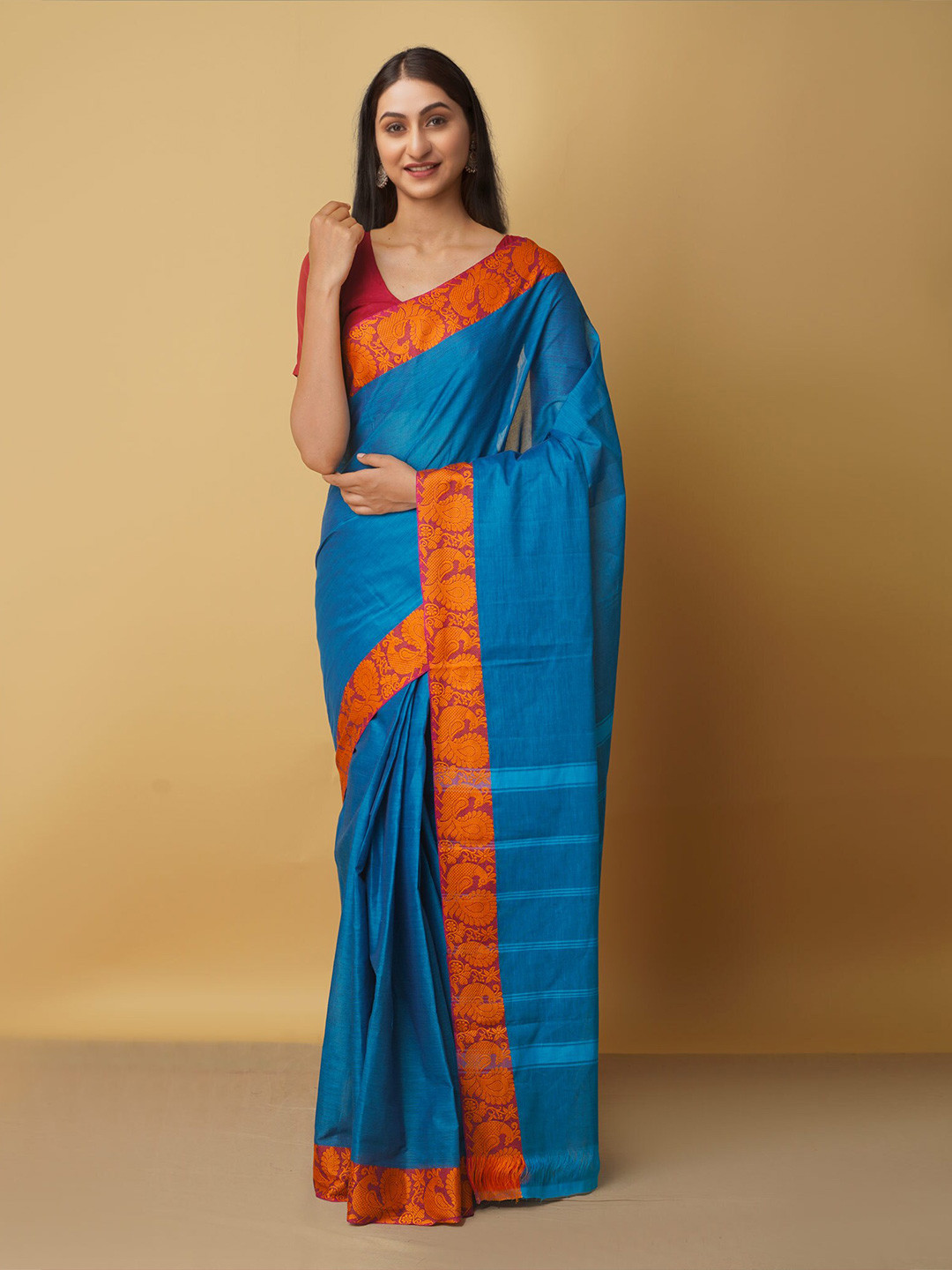

Unnati Silks Blue & Orange Pure Cotton Kanjeevaram Saree