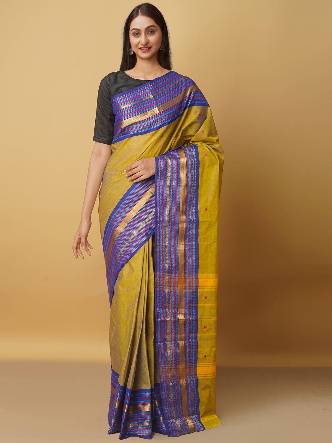 

Unnati Silks Green & Blue Woven Design Zari Pure Cotton Kanjeevaram Saree