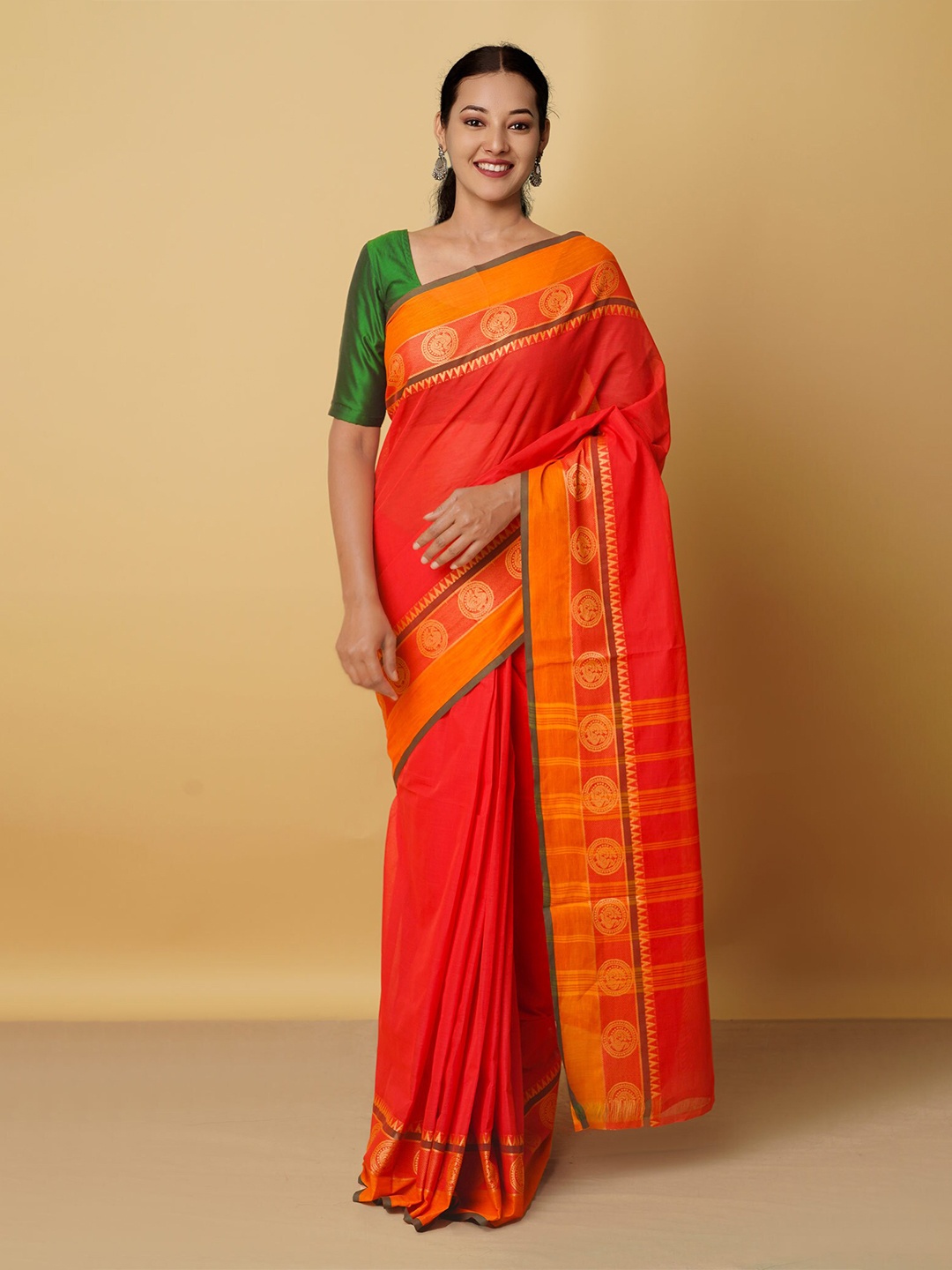 

Unnati Silks Red & Yellow Pure Cotton Kanjeevaram Handloom Saree