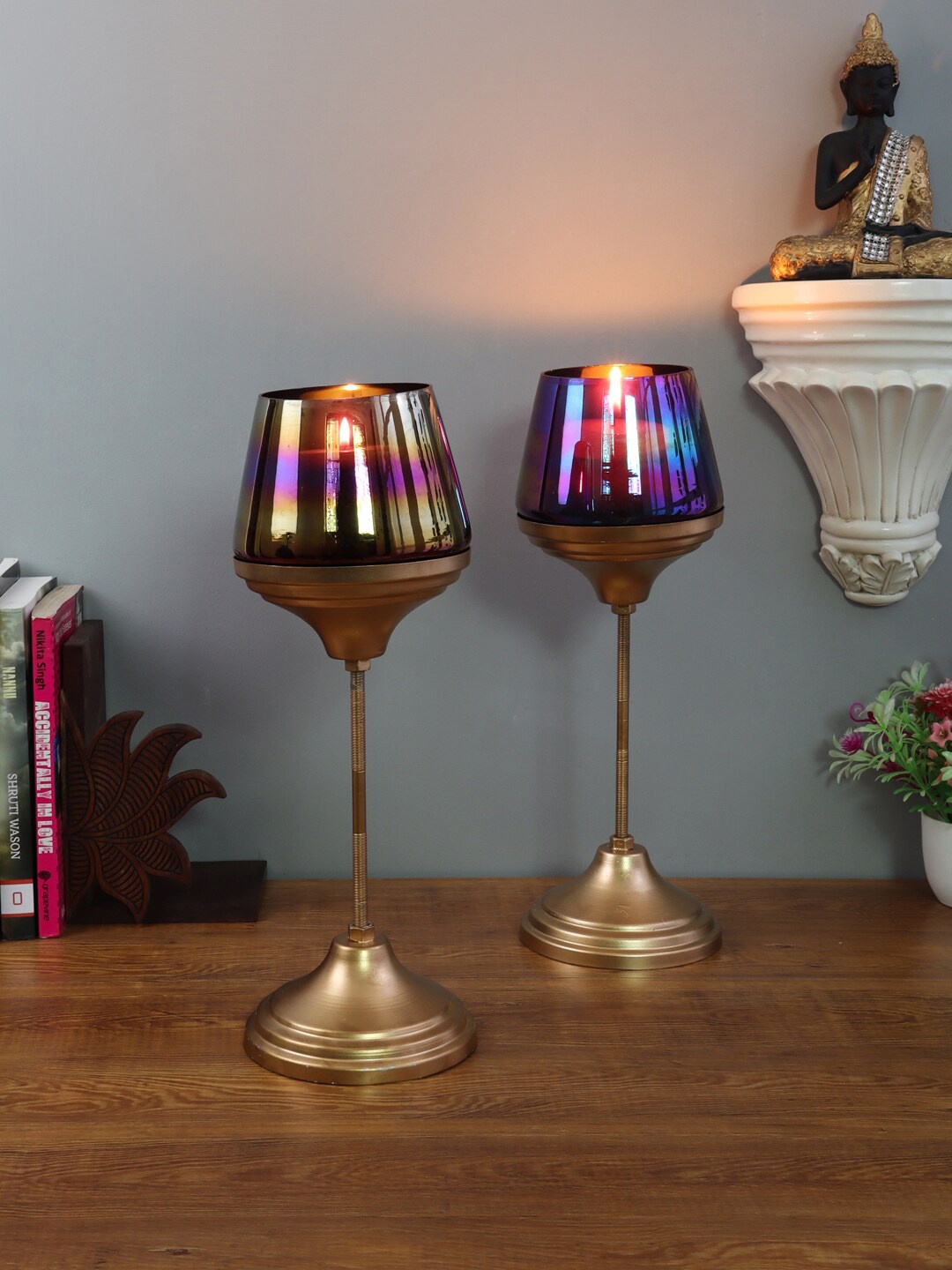 

Amaya Decors Set Of 2 Black & Gold-Toned Solid Candle Holders