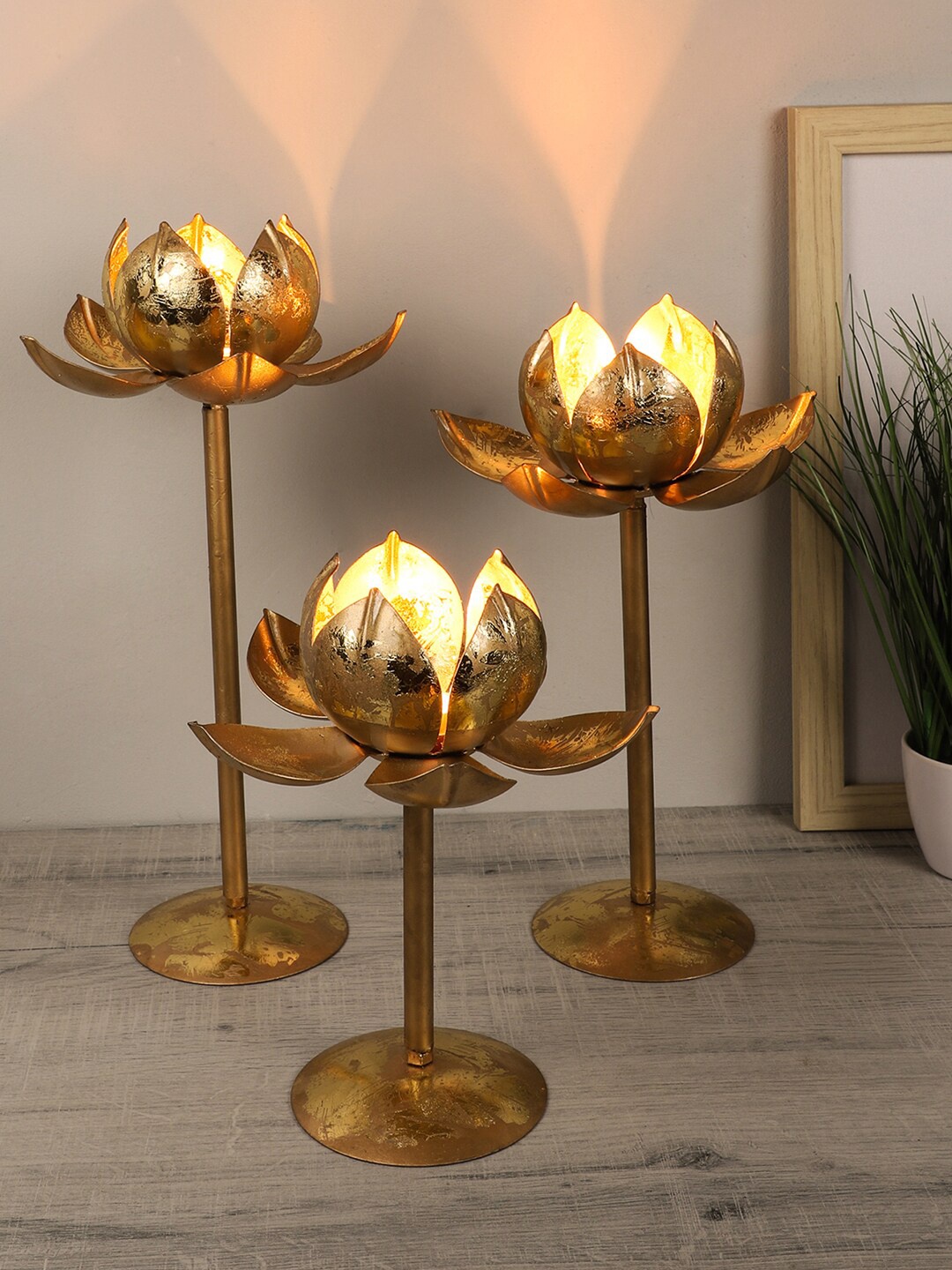 

Amaya Decors Set Of 3 Gold Toned Solid Lotus Teailight Candle Holders