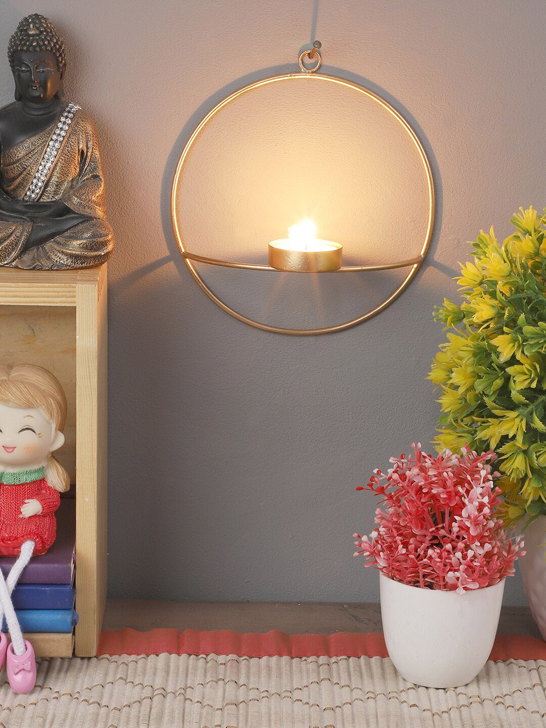 

Amaya Decors Set Of 2 Round Wall Tealight Holder, Gold