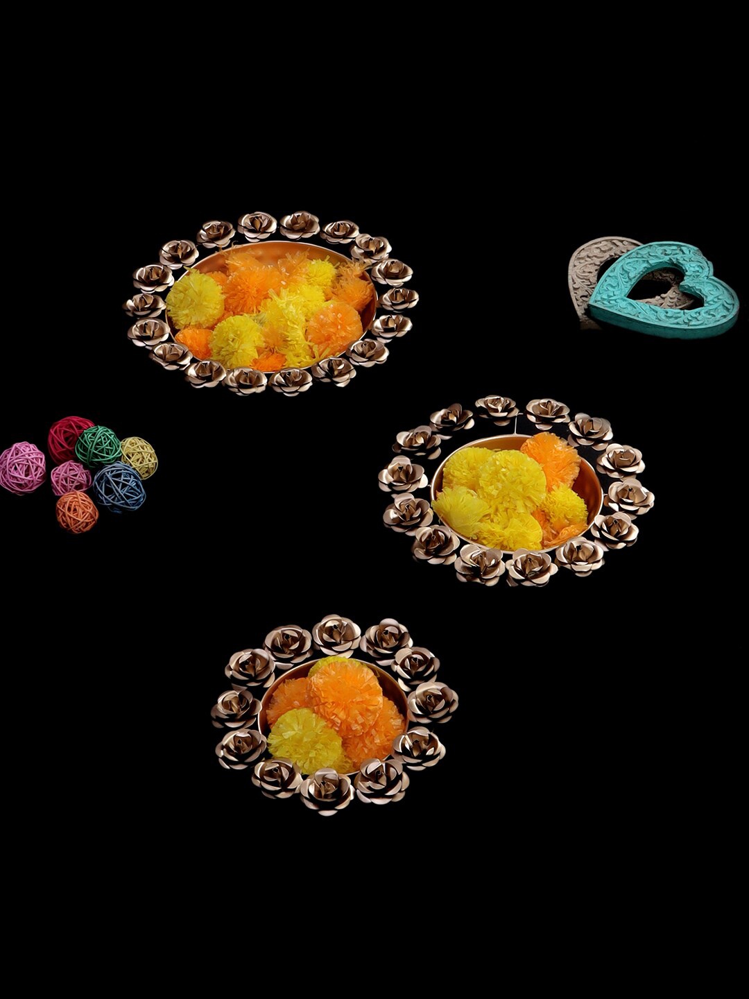 

Amaya Decors Set of 3 Gold-Toned Metal Decorative Rose Pooja Metalware