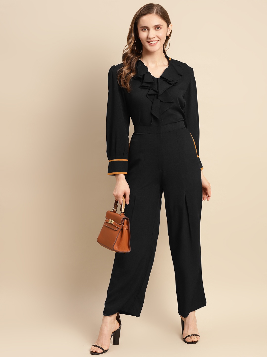 

WoowZerz Women Black Solid Ruffled Top & Palazzos Set