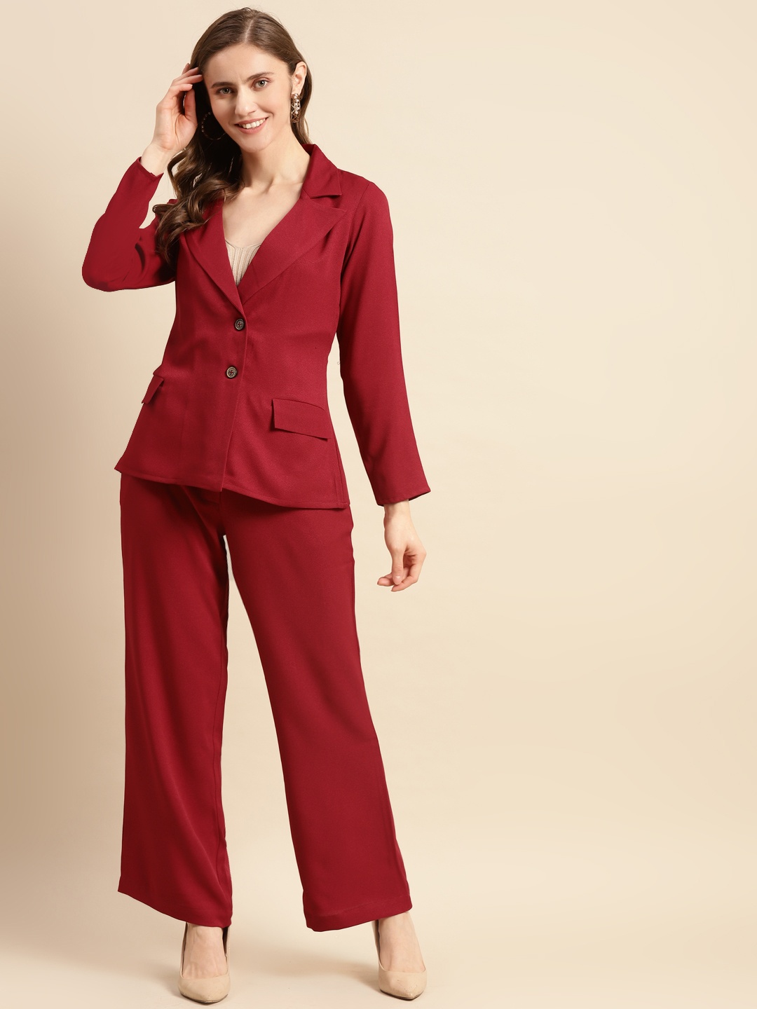 

WoowZerz Women Maroon Solid Blazer & Trousers Set