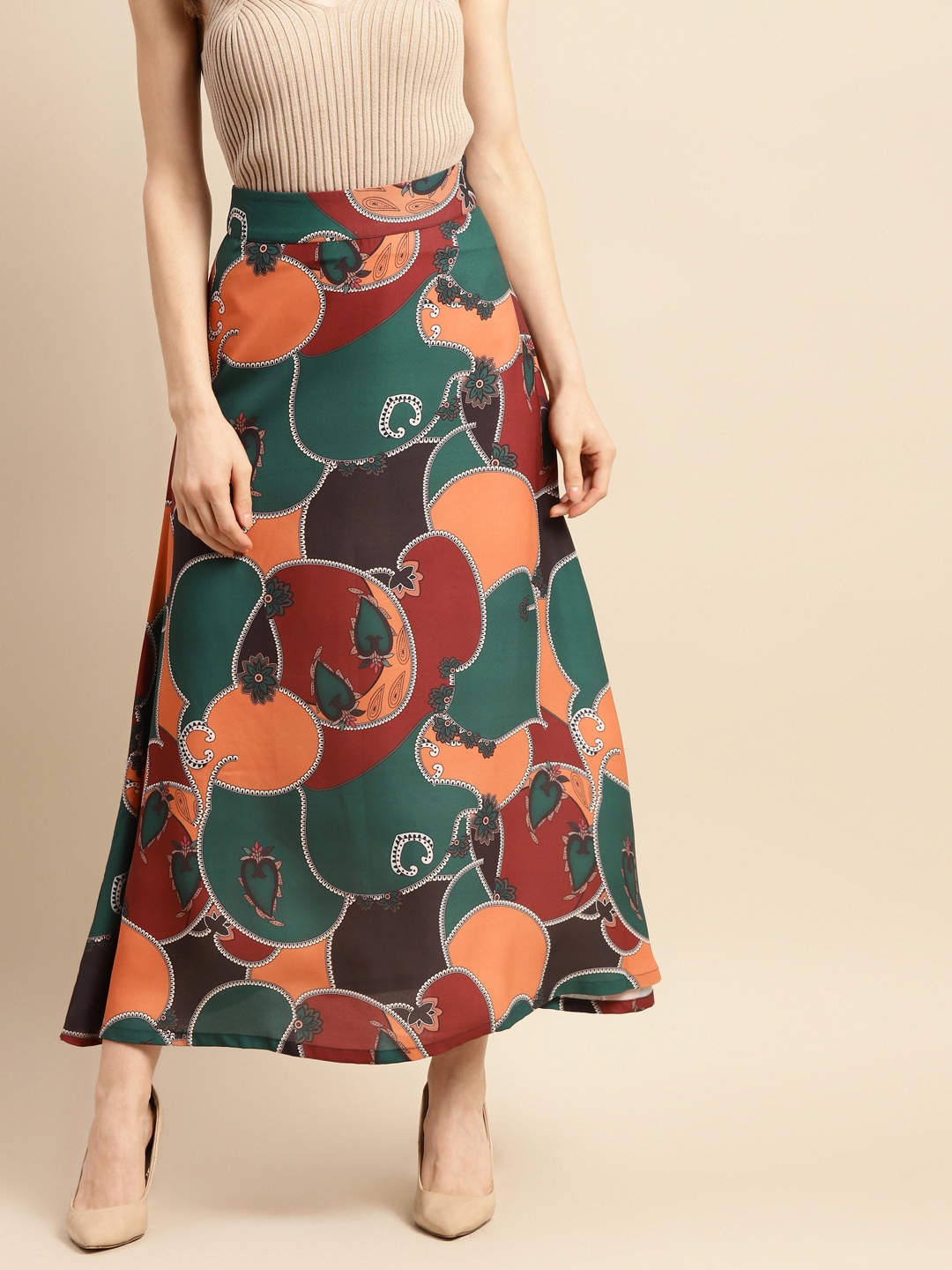 

WoowZerz Women Green & Peach-Coloured Printed A-Line Skirt