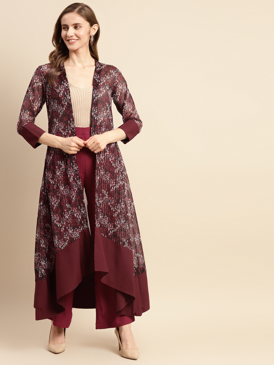 

WoowZerz Women Maroon & White Poly Chiffon Printed Longline Shrug