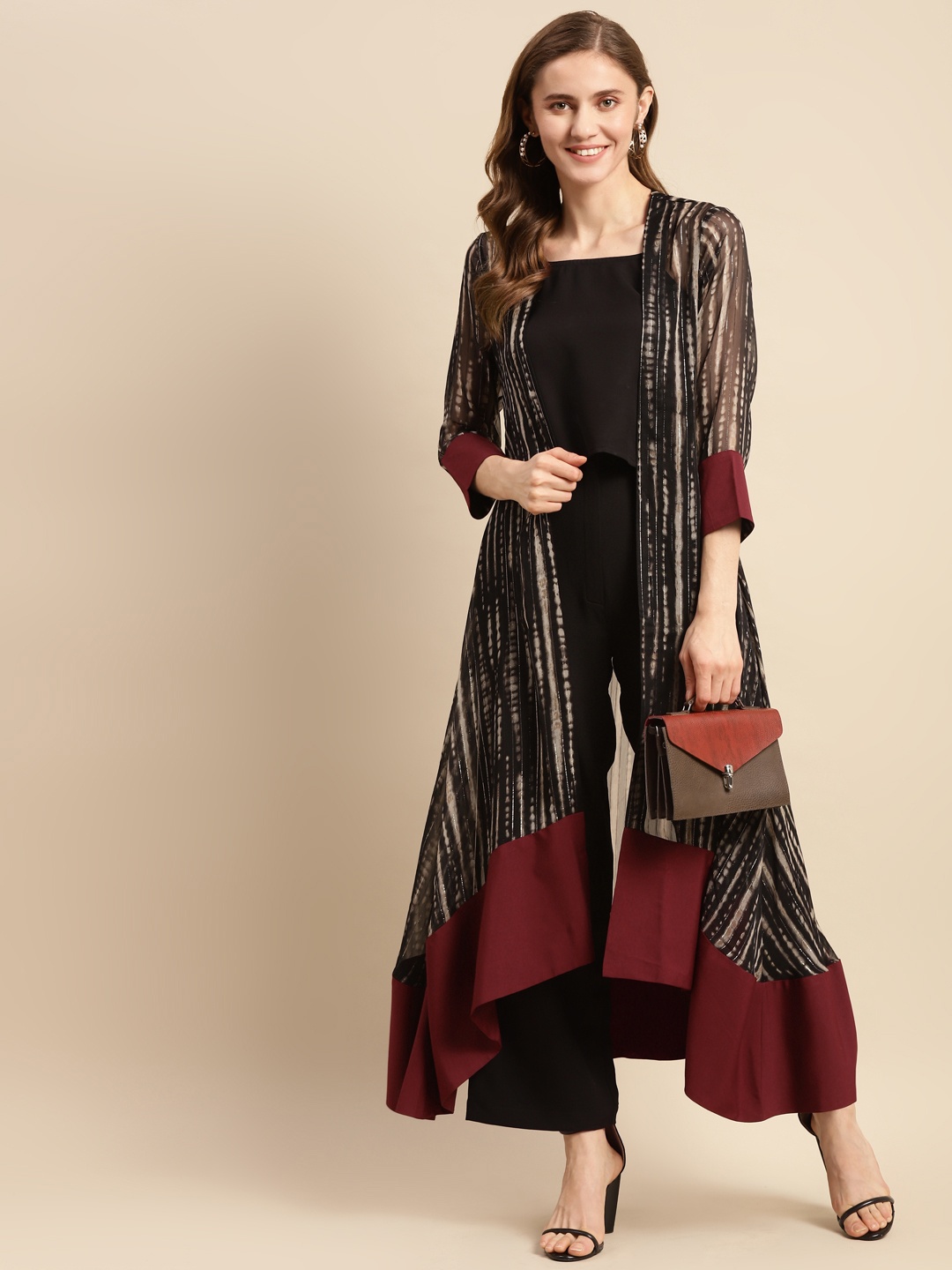 

WoowZerz Women Black & Beige Poly Chiffon Printed Longline Shrug