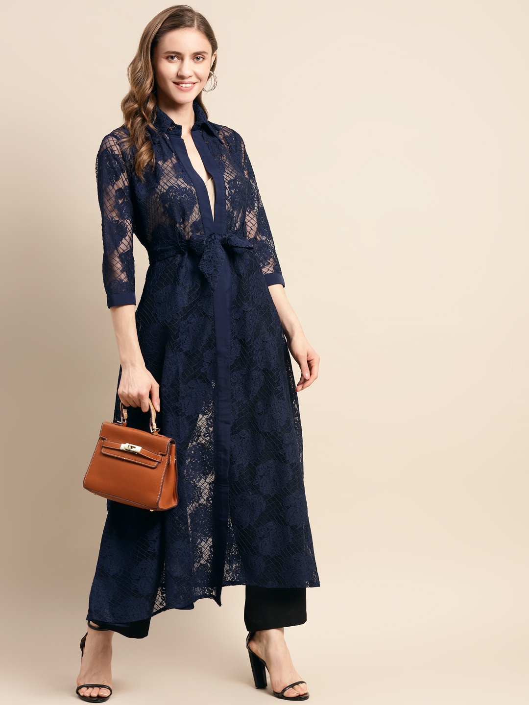 

WoowZerz Women Navy Blue Longline Sheer Tie-Up Shrug