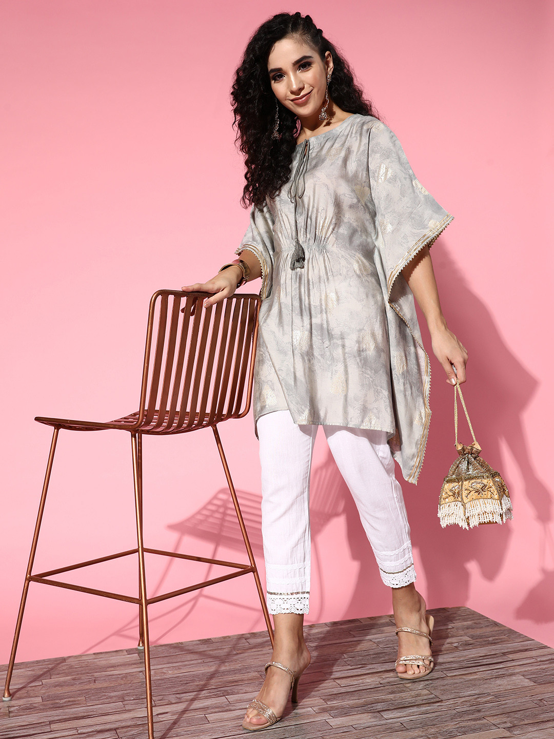 

ZOLA Women Classy Grey Viscose Rayon Fluid Tie-Up Kurta
