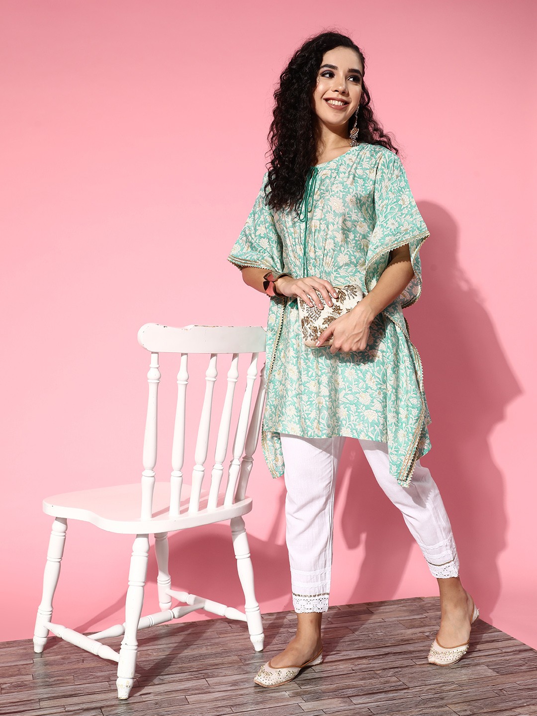 

ZOLA Ethnic Motifs Printed Flared Sleeves Gotta Patti Kaftan Kurti, Green