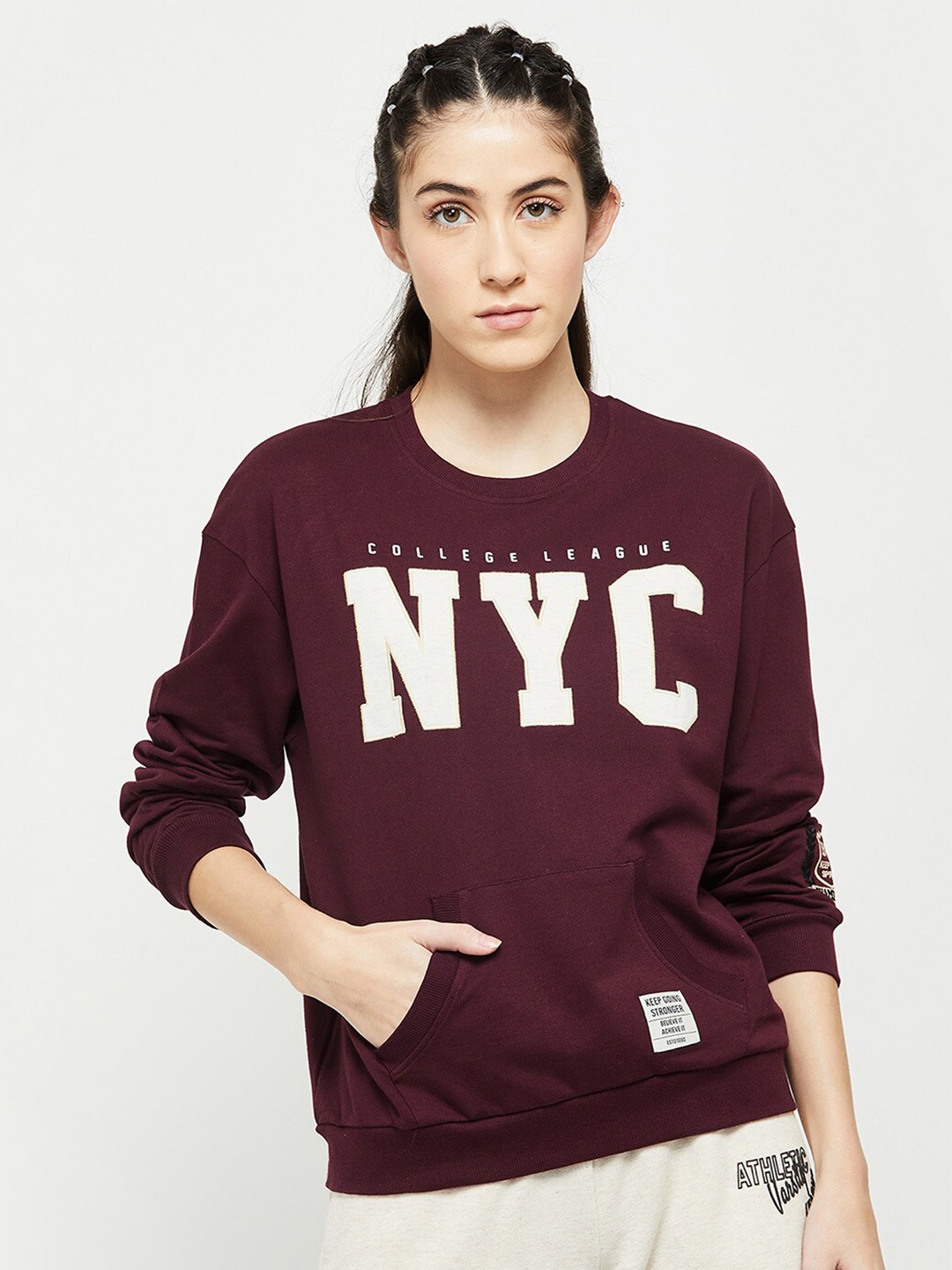 

max Women Burgundy Typography Printed Cotton Sweatshirt