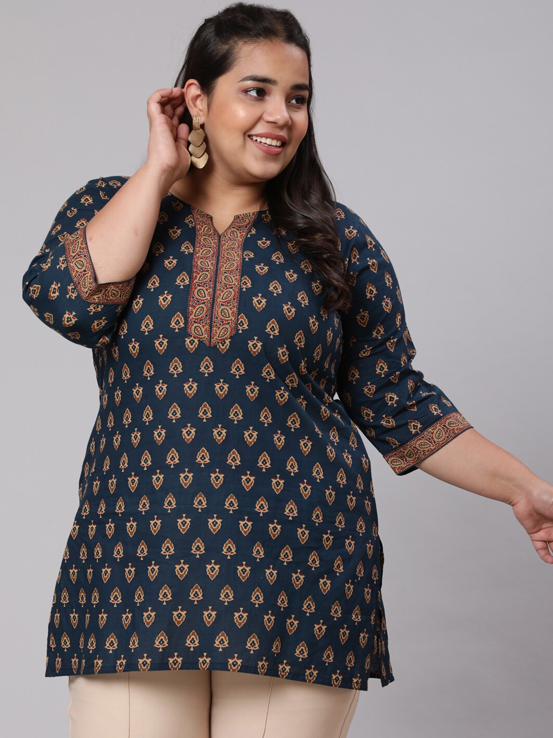 

Nayo Navy Blue & Brown Printed Plus size Cotton Tunic