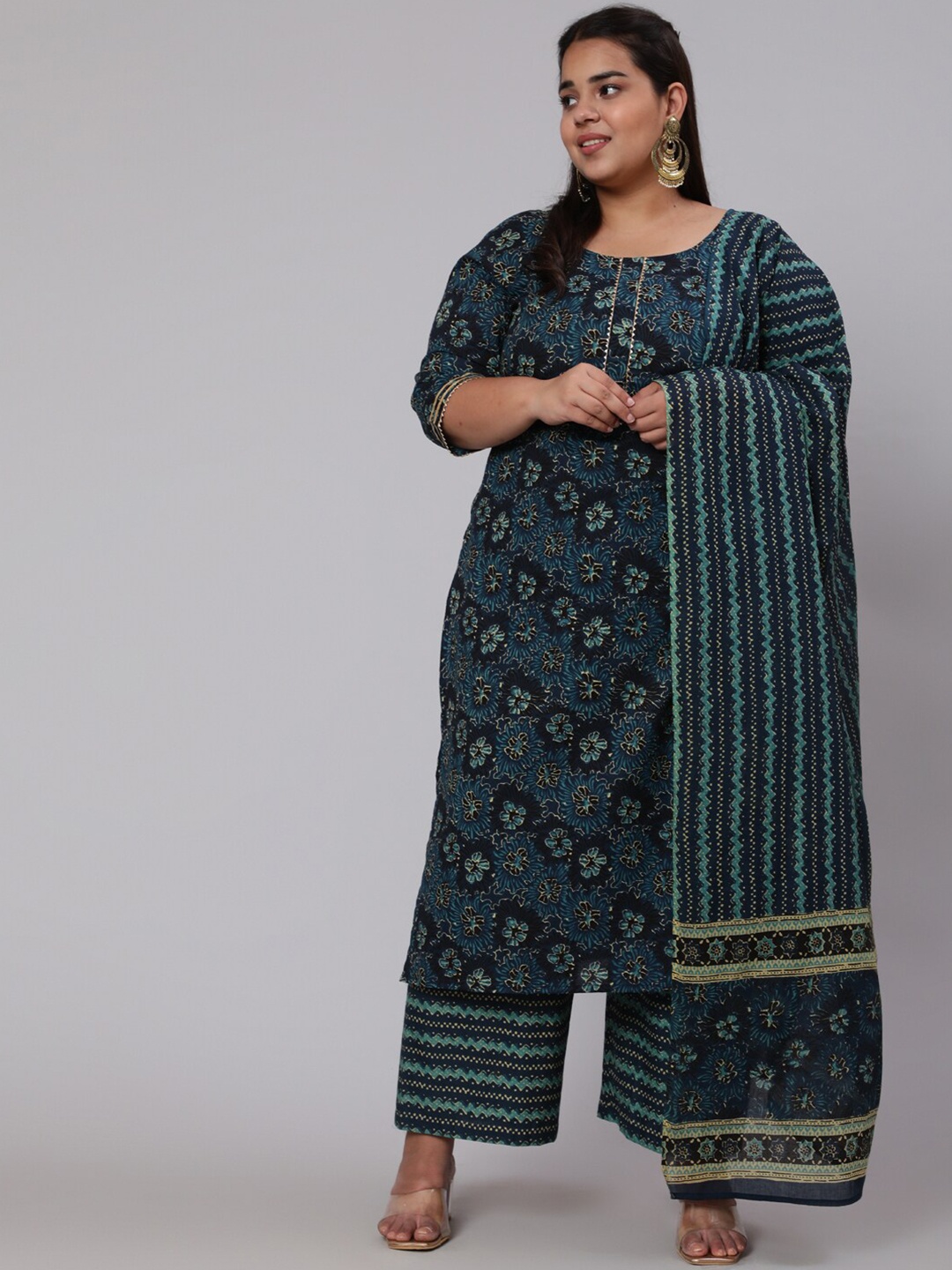 

Nayo Women Plus Size Blue Floral Printed Pure Cotton Kurta with Palazzo & Dupatta