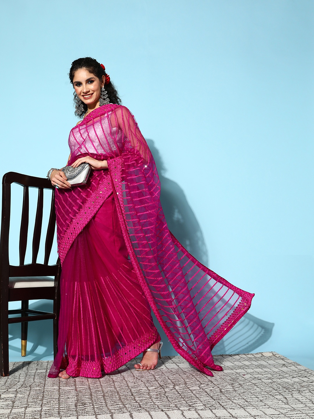 

Ishin Striped Saree with Embroidered border, Pink